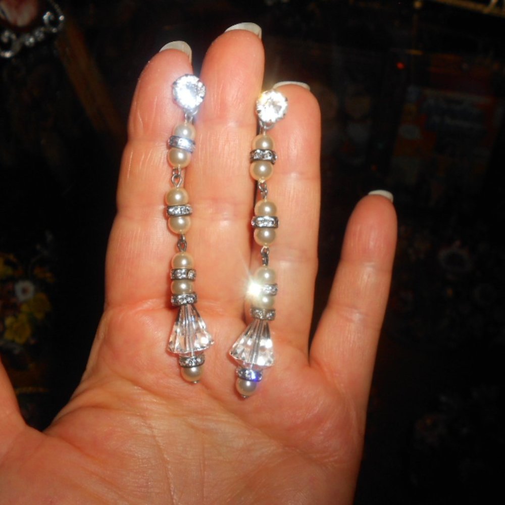 *** SOLD ** Vintage Deco Style Glass Pearl, Rondelles and Crystal Long Earrings
